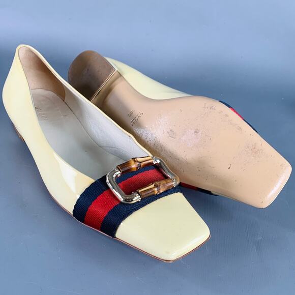 GUCCI Vintage 10 Vernice Beige Red Blue Patent Leather Web Bamboo Buckle Flats - Picture 5 of 15